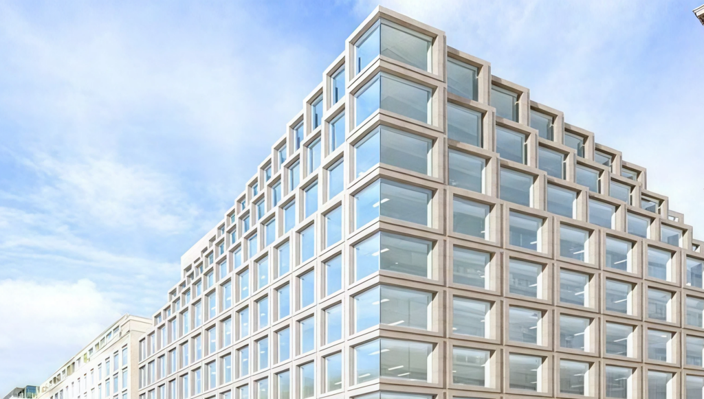 CGI visualisation of the proposed 100 Cheapside development's stone-clad facade and glazing
