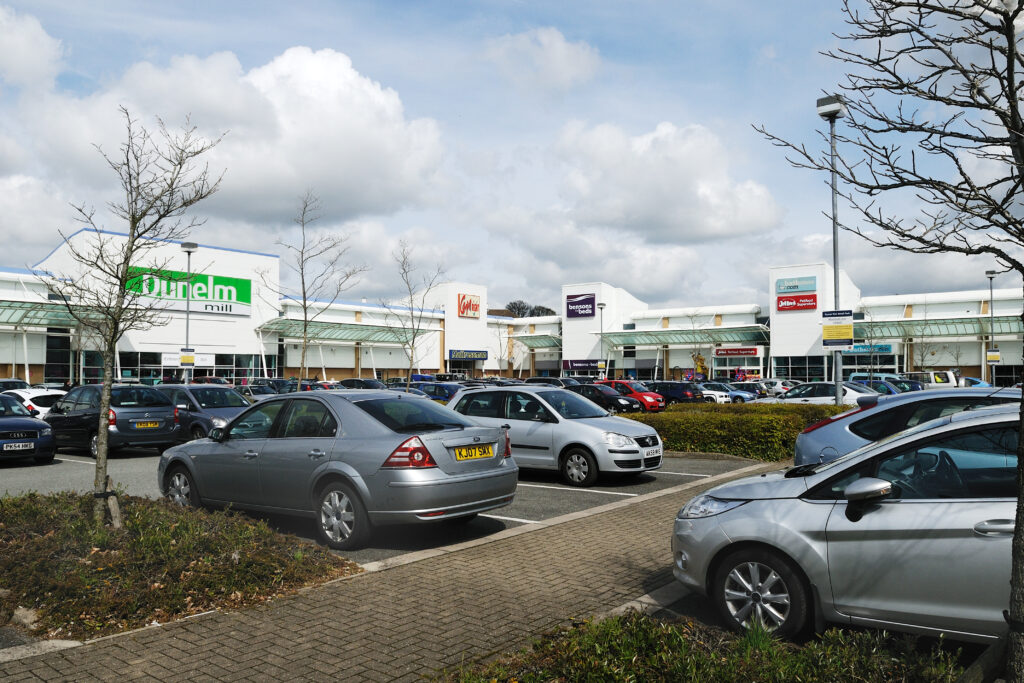 Turner Rise Retail Park car park with the Dunelm Mill store in the background