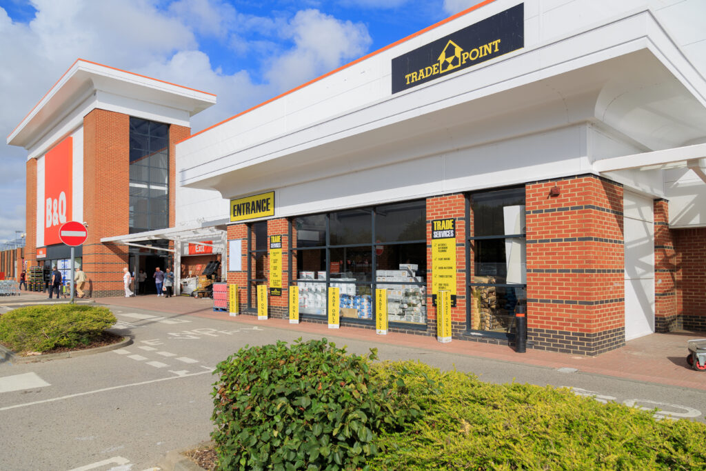 Trade Point entrance at B&Q Trimdon Street with covered walkway and trade services signage