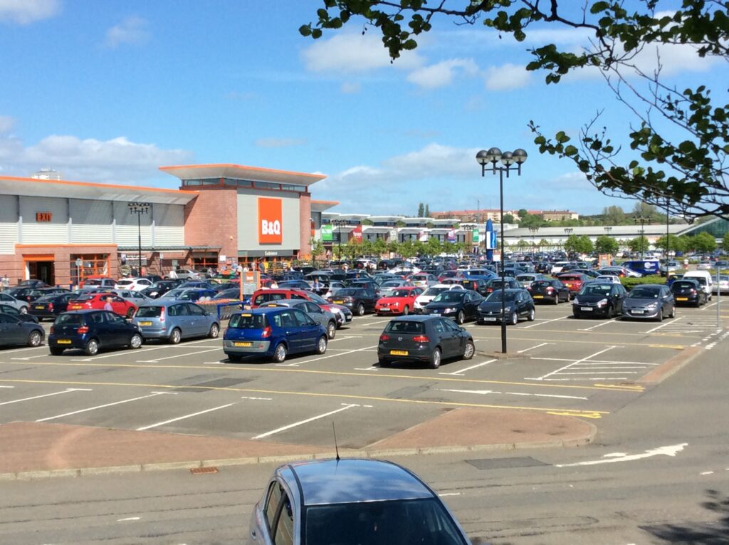 Car park at the Great Western Retail Park with the B&Q store visible in the background