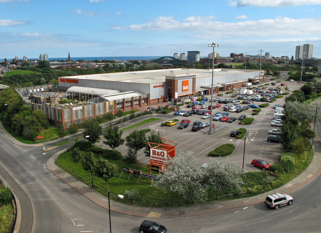 Aerial view of the B&Q Trimdon Street retail warehouse and car park in Sunderland