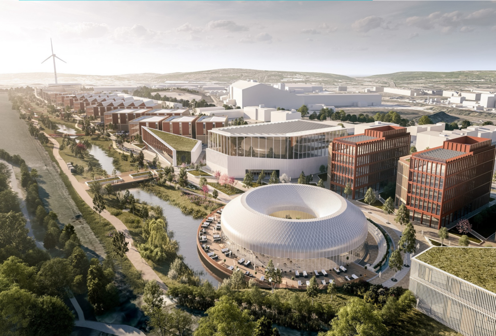 CGI visualisation of the proposed Runway Park masterplan in Sheffield, showing the canalside scheme