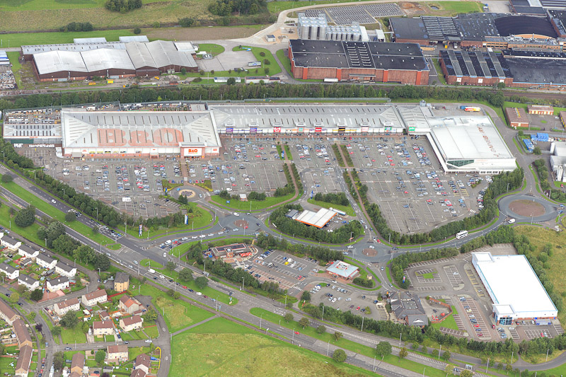 Aerial view of the Great Western Retail Park showing B&Q, Sainsbury's and neighbouring industrial units