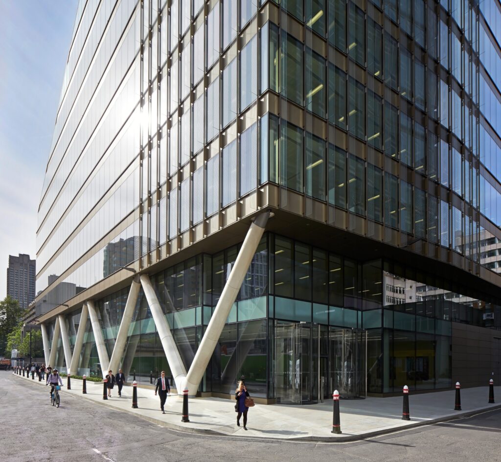 Reception lobby at Moor Place, 1 Fore Street, London EC2, with seating, artwork and a staffed desk