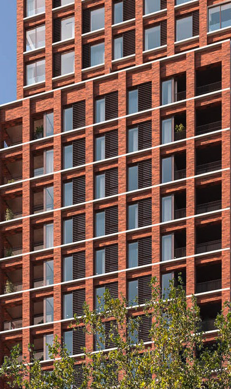 CGI visualisation of the proposed 225 City Road development, close-up view of the brick facade and balconies