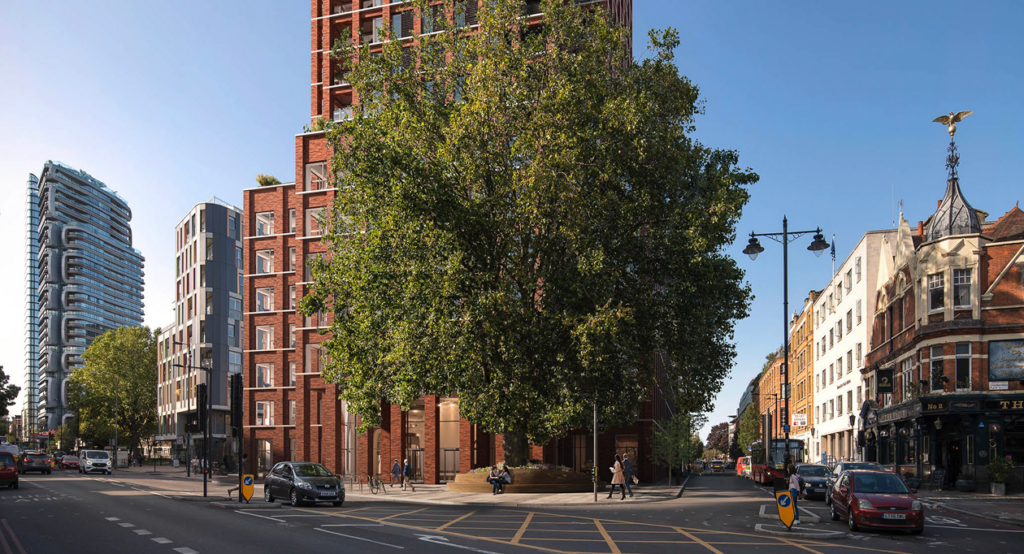 CGI visualisation of the proposed 225 City Road development seen from street level with mature trees and pedestrians