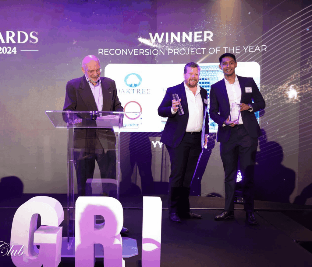 Collecting the GRI Award for Reconversion Project of the Year for YY London on stage